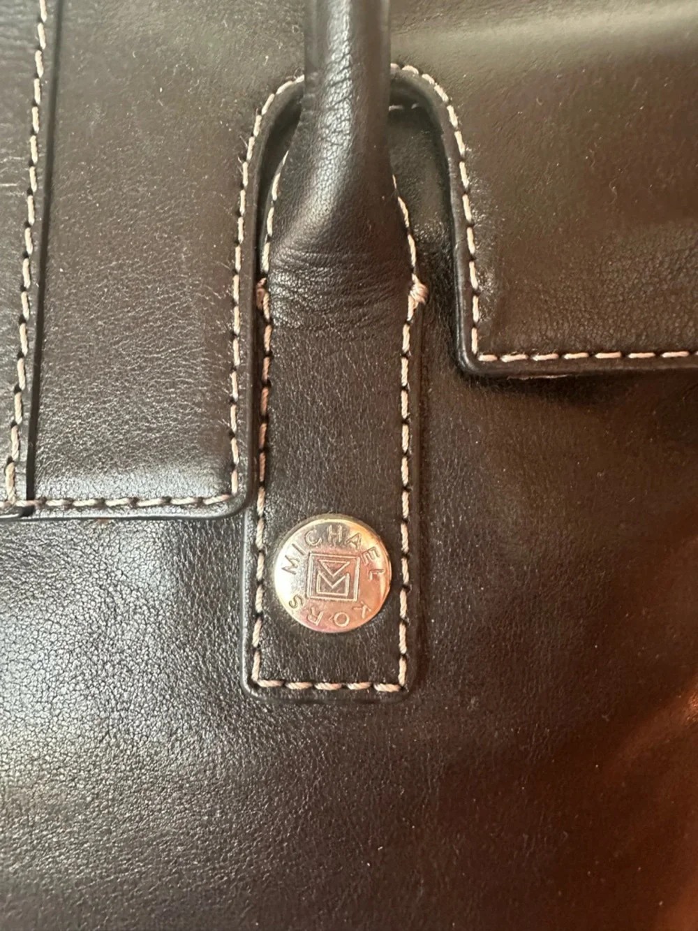 Michael Kors black soft calf leather Hudson satchel with white stitching